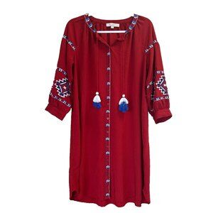 Ann Taylor Boho Dress Womens 8 Red Embroidered Resortwear Coastal